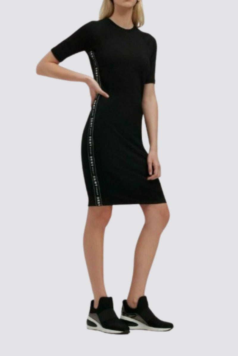 DKNY Contrast letter tape Dress Elastic Black M L Mid short sleeves Authentic