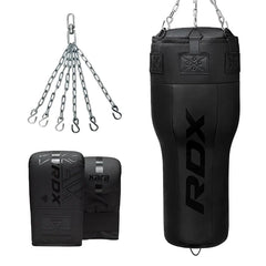 RDX 3-in-1 Angle Punch Bag Full Black with Gloves Set