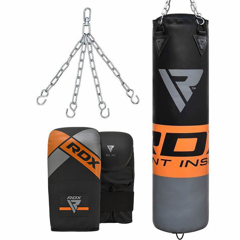 RDX F12 4ft / 5ft 3-in-1 Punch Bag & Mitts Black / Orange / Gray / White Set