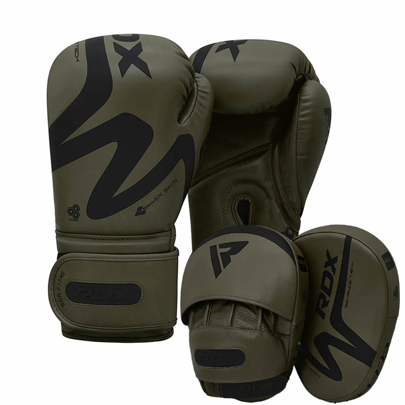 RDX T15 Nero Matte Green Boxing Gloves & Focus Pads