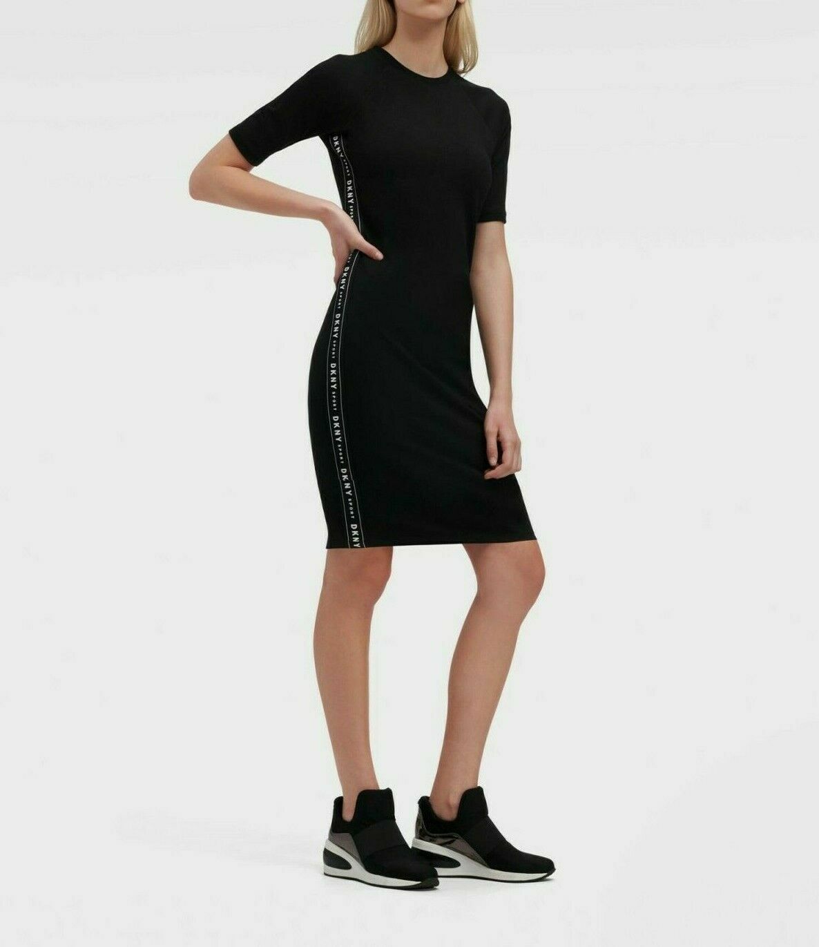 DKNY Contrast letter tape Dress Elastic Black M L Mid short sleeves Authentic